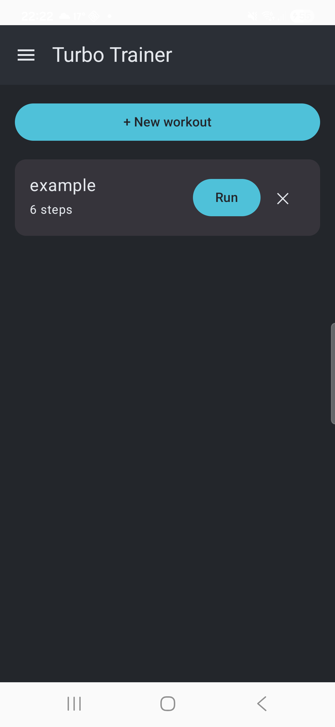 The My workouts screen, listing a saved workout with its step count and a Run button.