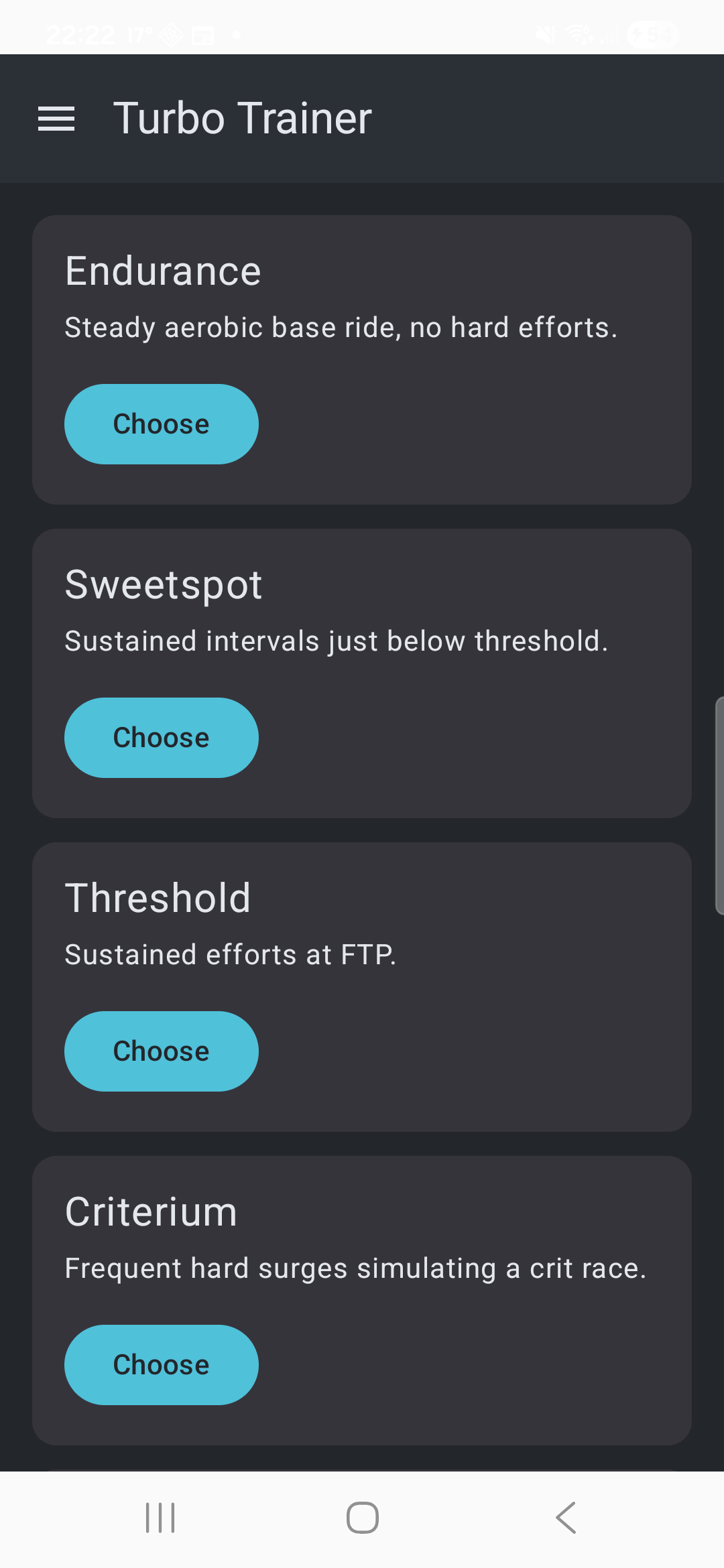 The workout library, showing Endurance, Sweetspot, Threshold and Criterium template cards, each with a short description and a Choose button.